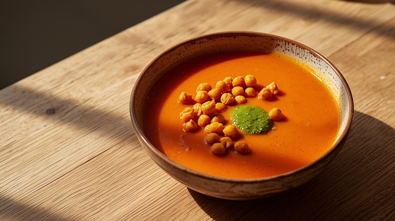 Zuppa di pomodoro, ceci arrostiti e pesto di nocciole